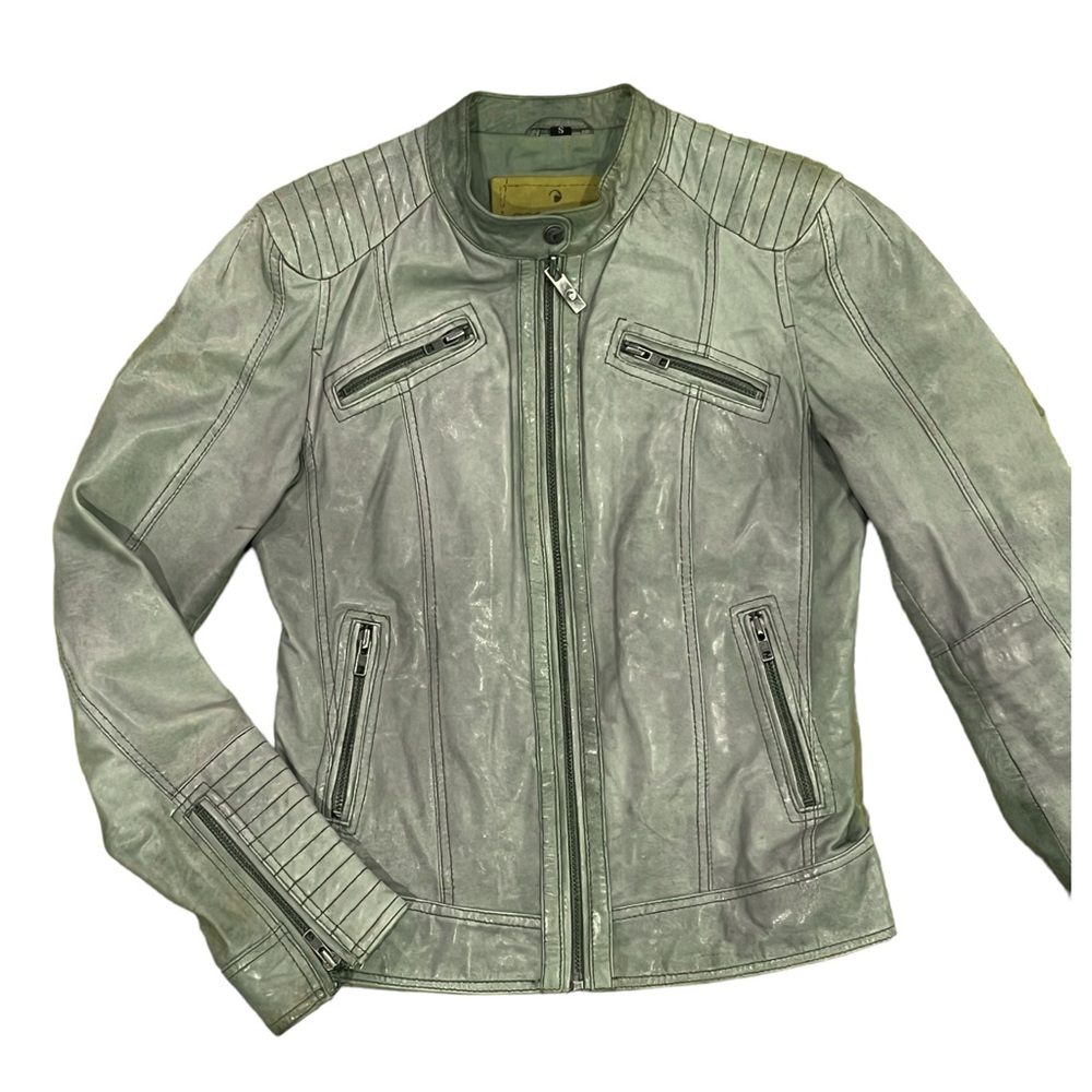 Goosecraft Leather Jacket 017 Pale Olive Green 94-2186543 Moto Blogger Trend - Picture 3 of 14